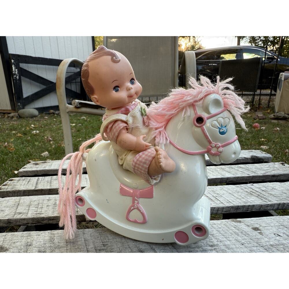 Vintage Playmates Baby Doll on Pink Rocking Horse – Adorable 70s Nursery Toy